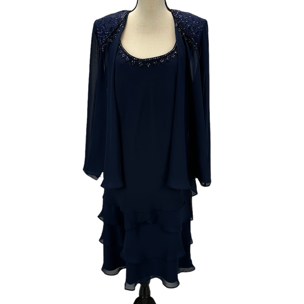 SLNY Sleeveless Tiered Midi Dress Sheer Long Sleeve Jacket - Navy Blue - size 12